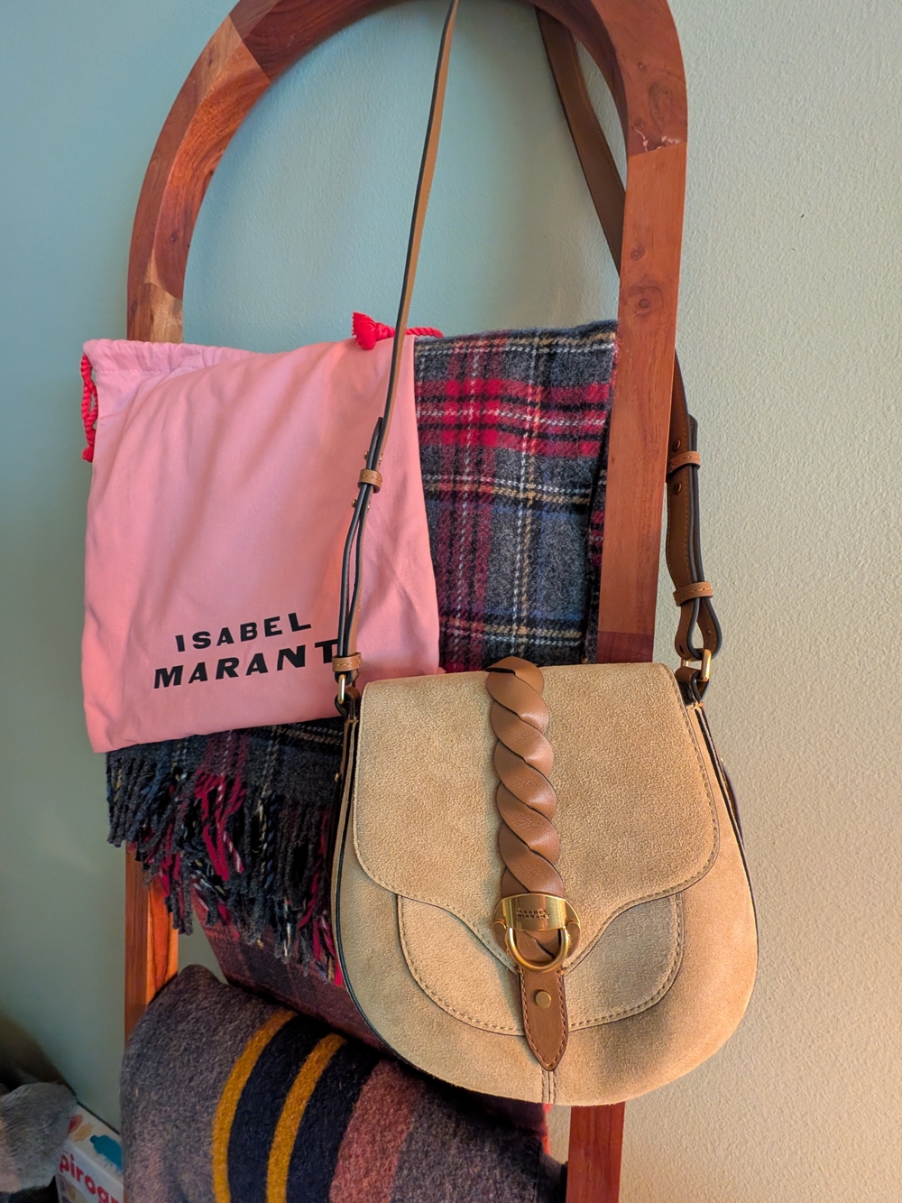 Isabel Marant Beige Suede Saddle Bag with Braided Strap